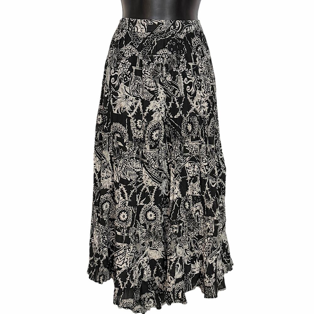 Orvis Bohemian Black White Floral Abstract Paisley Tiered Midi Skirt Cotton L